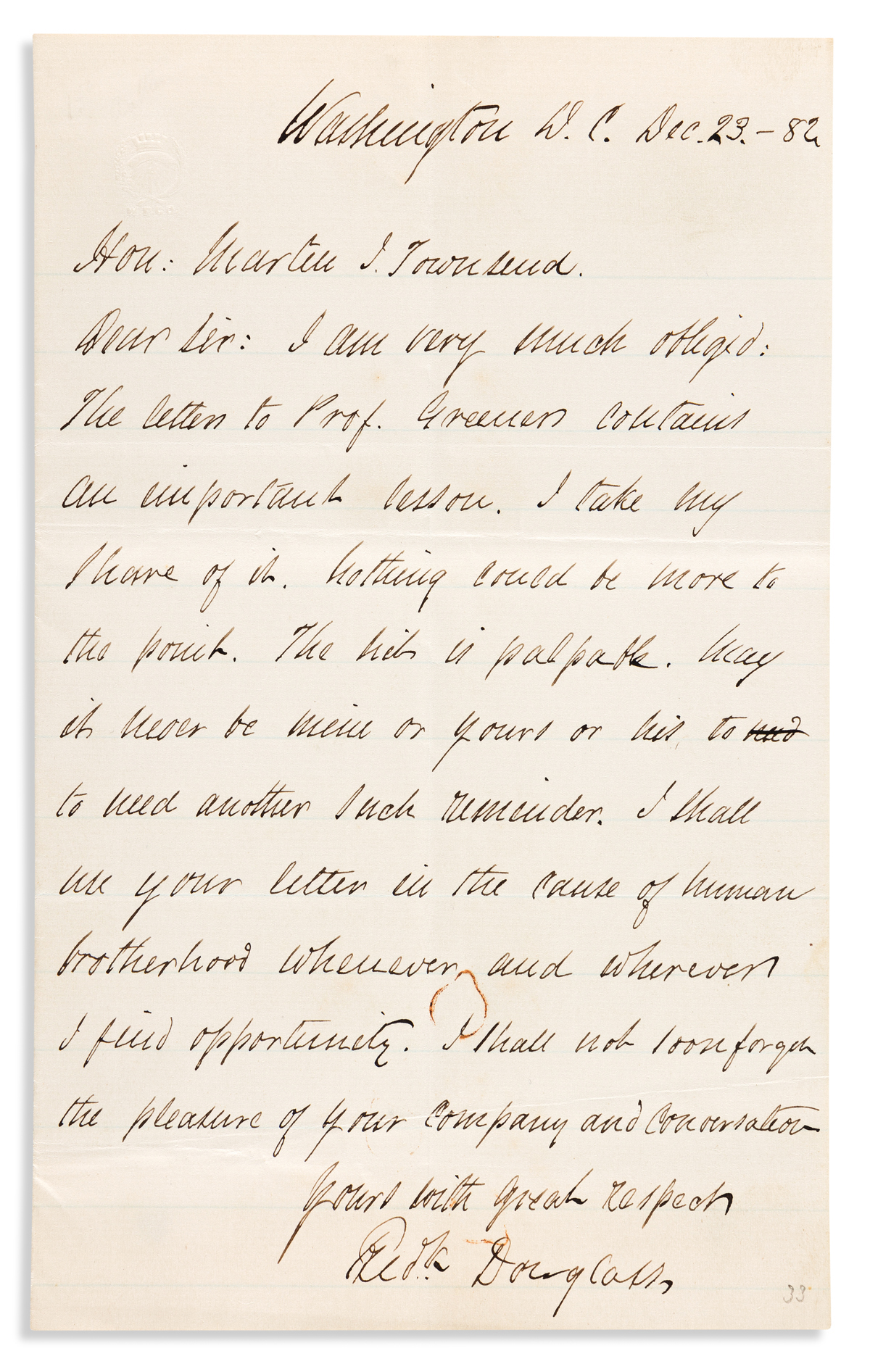 FREDERICK DOUGLASS. Letter concerning his rival Richard Greener.